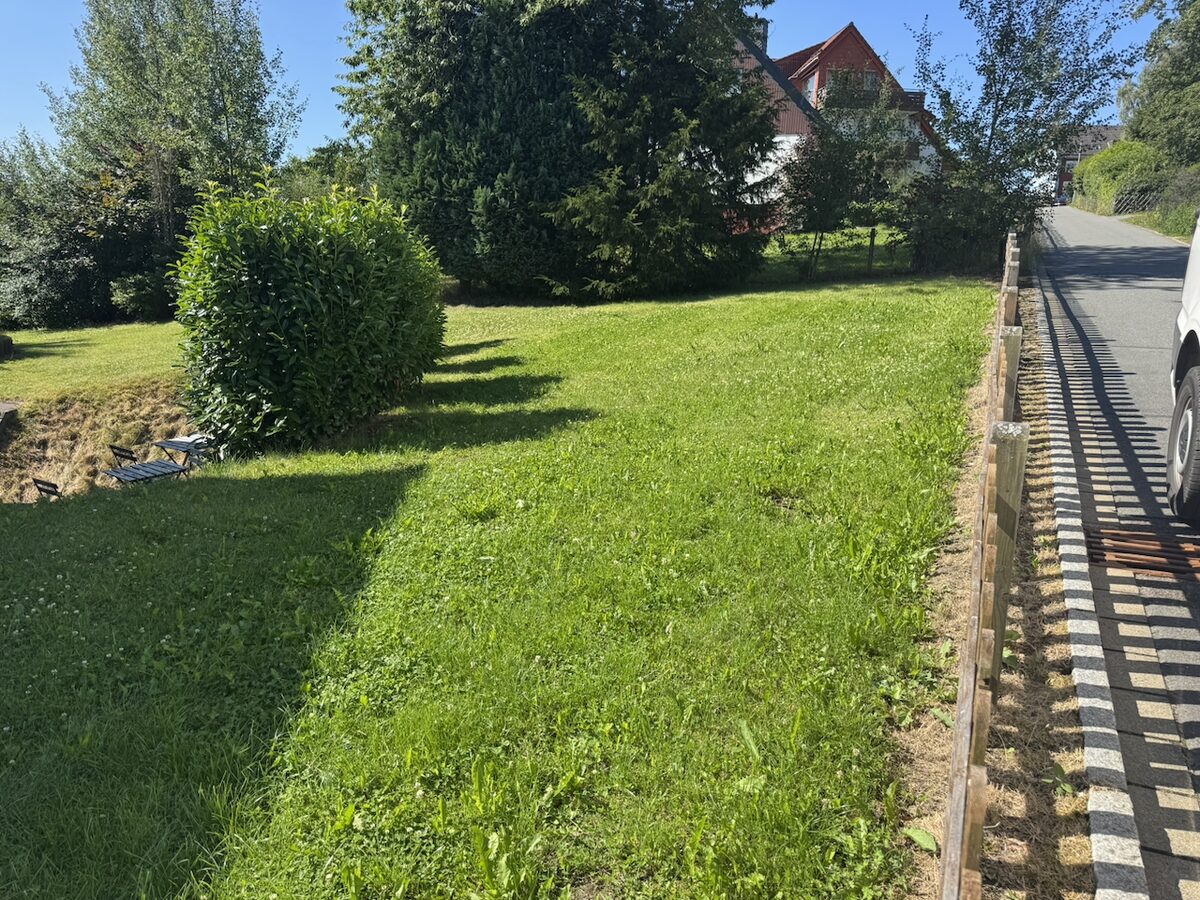 Gemähter Rasen entlang eines Jägerzauns, im Hintergrund eine geschnittene Hecke